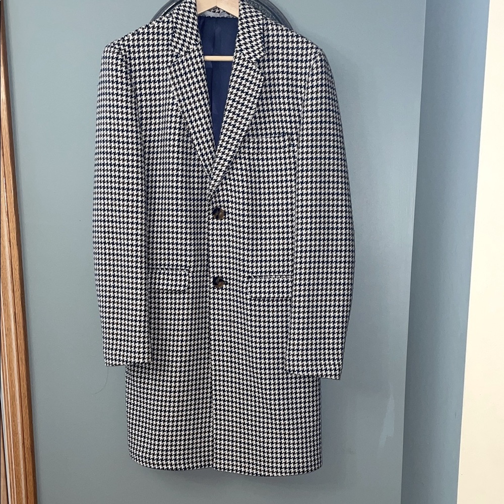 Zara Navy Blue  and Brown Houndstooth Overcoat